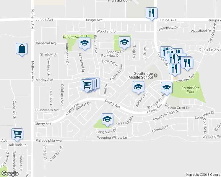map of restaurants, bars, coffee shops, grocery stores, and more near 14227 Ranchero Drive in Fontana
