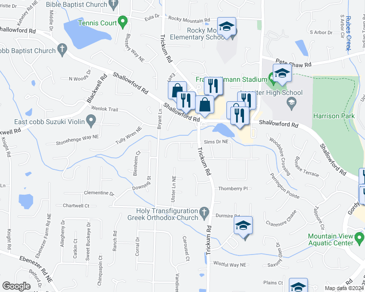 map of restaurants, bars, coffee shops, grocery stores, and more near 2310 Sims Drive Northeast in Marietta