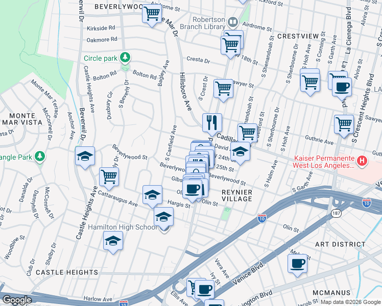 map of restaurants, bars, coffee shops, grocery stores, and more near 9036 West 24th Street in Los Angeles