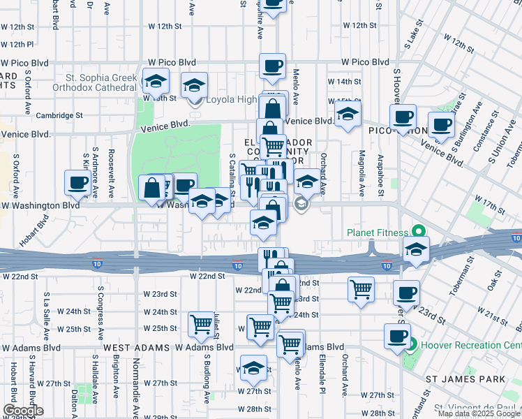 map of restaurants, bars, coffee shops, grocery stores, and more near 1644 West Washington Boulevard in Los Angeles