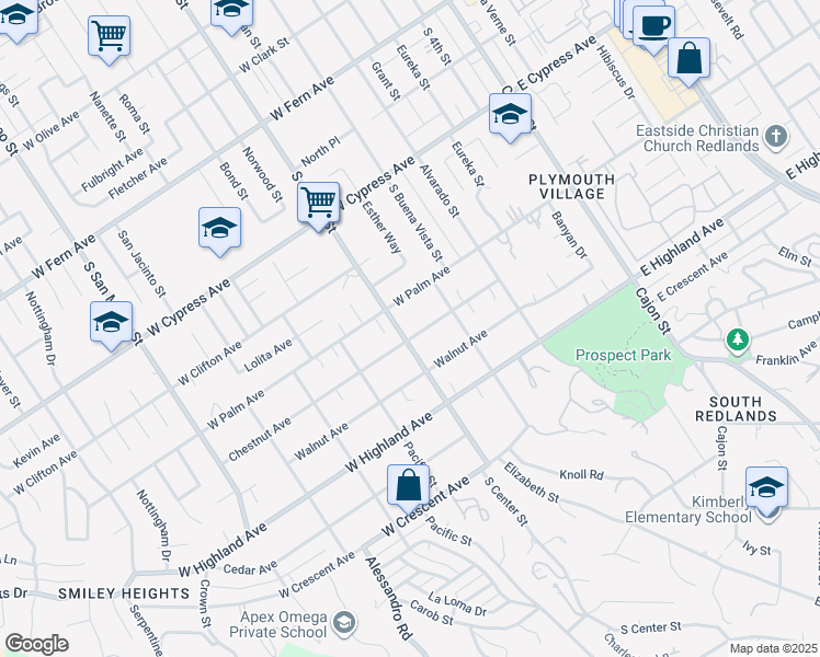 map of restaurants, bars, coffee shops, grocery stores, and more near 650 Chestnut Avenue in Redlands