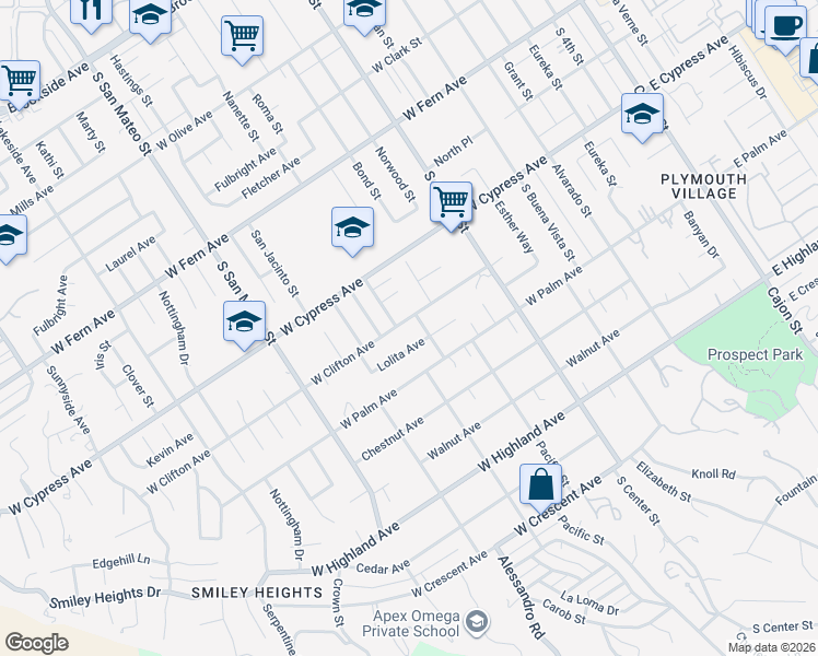 map of restaurants, bars, coffee shops, grocery stores, and more near 971 West Clifton Avenue in Redlands