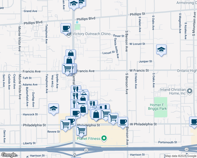 map of restaurants, bars, coffee shops, grocery stores, and more near 11782 Vernon Avenue in Chino