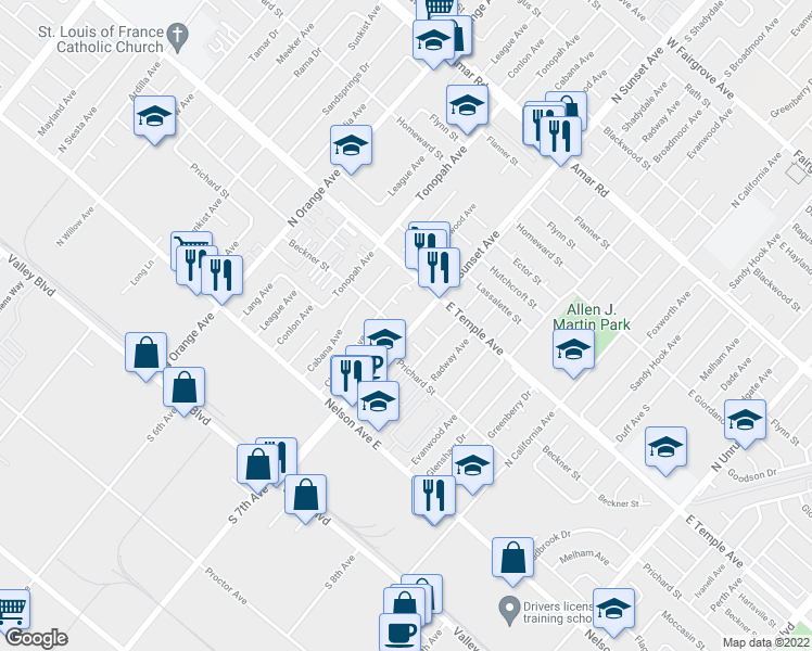 map of restaurants, bars, coffee shops, grocery stores, and more near 511 North Sunset Avenue in La Puente