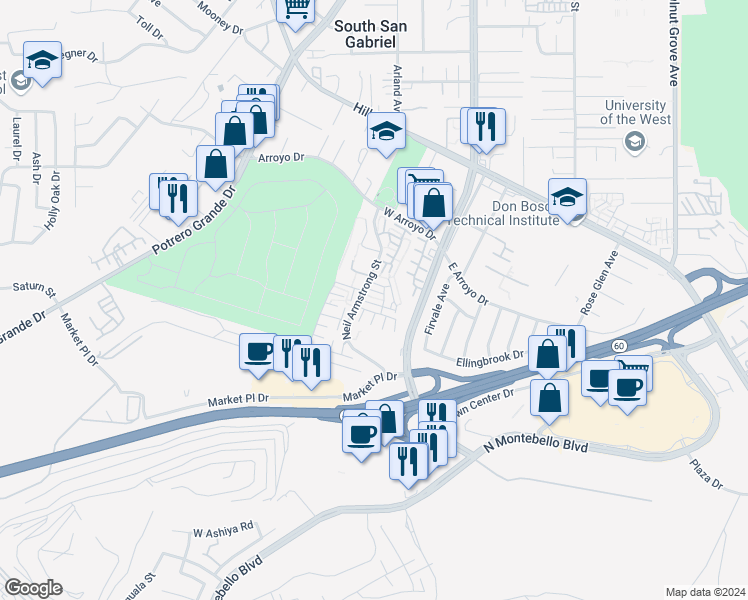 map of restaurants, bars, coffee shops, grocery stores, and more near 1717 Mountain Terrace Lane in Montebello
