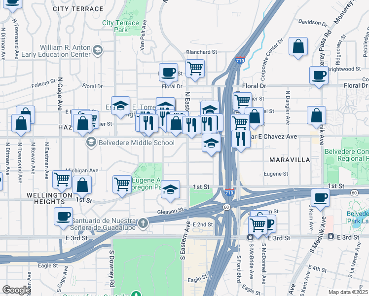 map of restaurants, bars, coffee shops, grocery stores, and more near 339 North Eastern Avenue in East Los Angeles