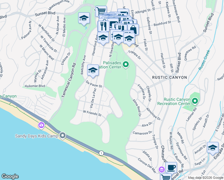 map of restaurants, bars, coffee shops, grocery stores, and more near 15321 De Pauw Street in Los Angeles