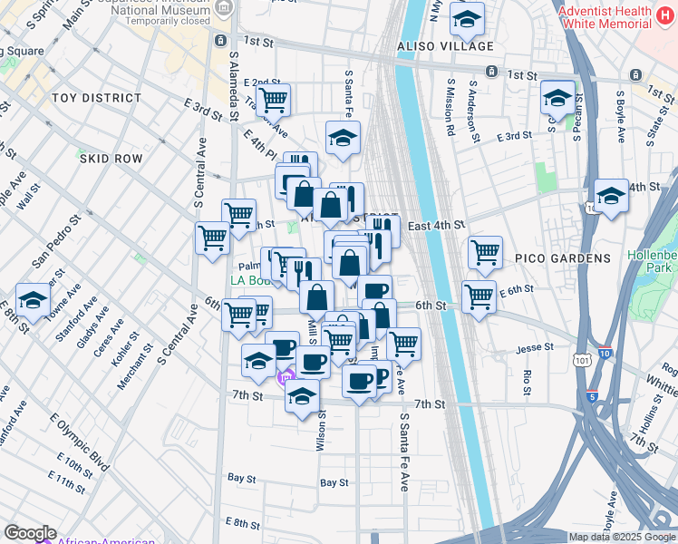 map of restaurants, bars, coffee shops, grocery stores, and more near 580 Mateo Street in Los Angeles