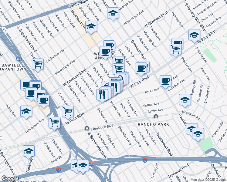 map of restaurants, bars, coffee shops, grocery stores, and more near 2370 Kelton Avenue in Los Angeles