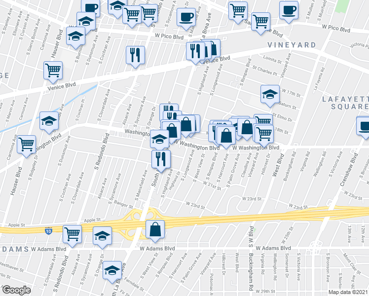 map of restaurants, bars, coffee shops, grocery stores, and more near 4900 West Washington Boulevard in Los Angeles