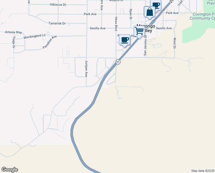 map of restaurants, bars, coffee shops, grocery stores, and more near 49399 Conejo Road in Morongo Valley