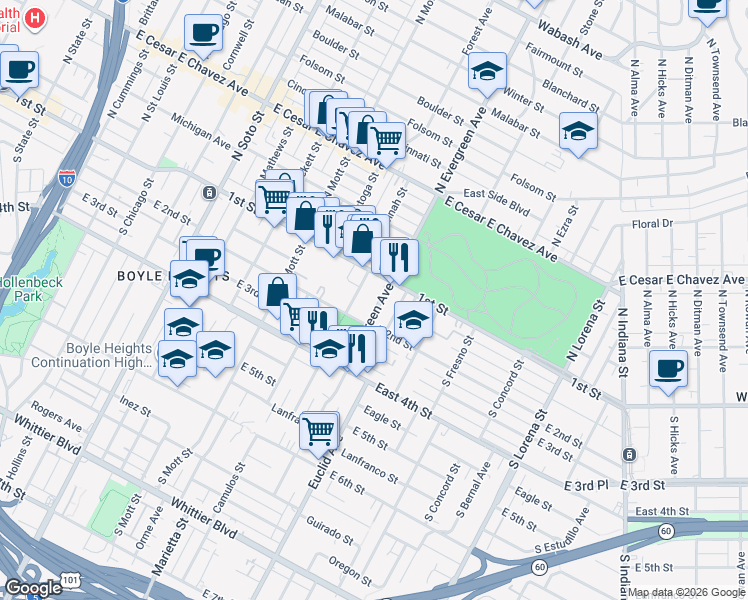 map of restaurants, bars, coffee shops, grocery stores, and more near 137 South Evergreen Avenue in Los Angeles
