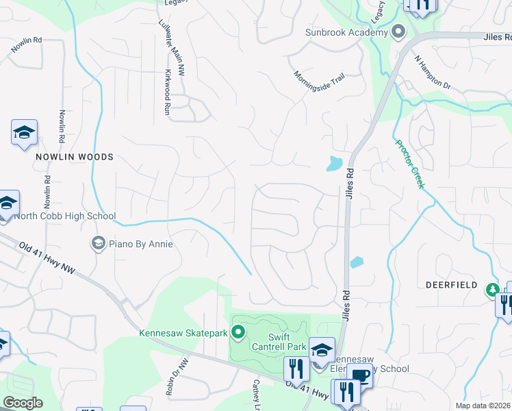 map of restaurants, bars, coffee shops, grocery stores, and more near 3379 English Oaks Drive Northwest in Kennesaw