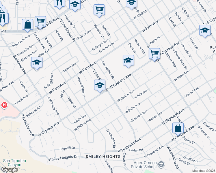map of restaurants, bars, coffee shops, grocery stores, and more near 1188 West Cypress Avenue in Redlands