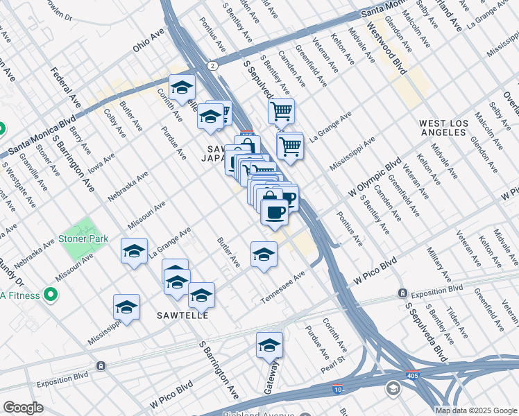 map of restaurants, bars, coffee shops, grocery stores, and more near 11315 Mississippi Avenue in Los Angeles