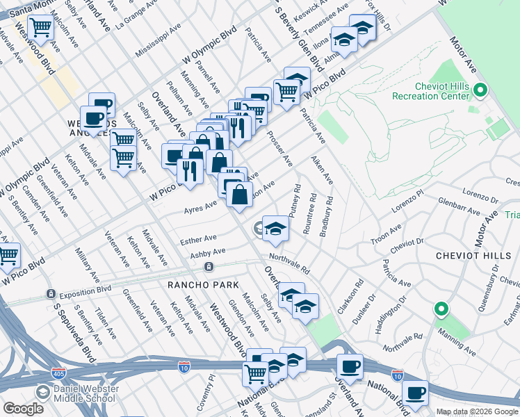 map of restaurants, bars, coffee shops, grocery stores, and more near 10627 Esther Avenue in Los Angeles