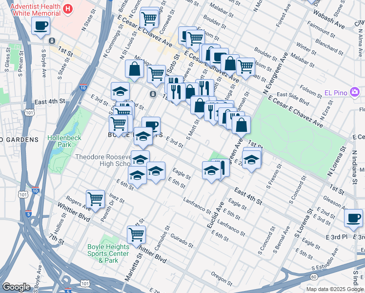 map of restaurants, bars, coffee shops, grocery stores, and more near 2647 East 3rd Street in Los Angeles