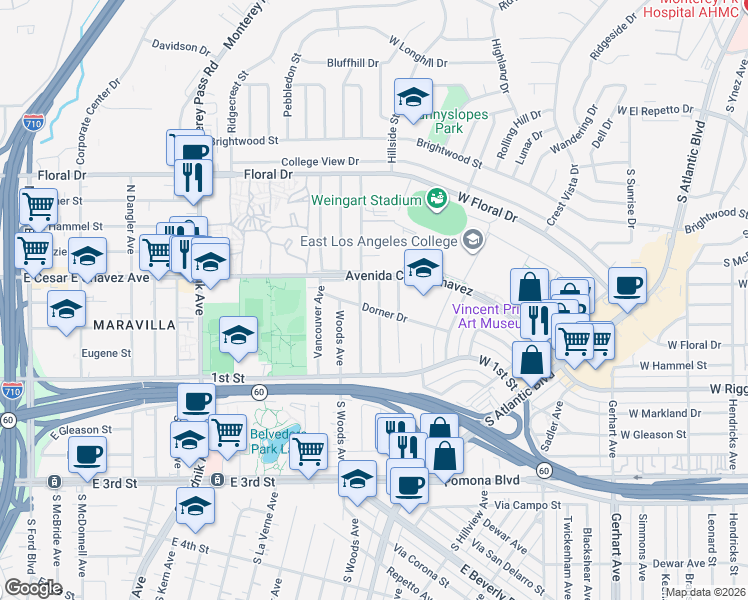map of restaurants, bars, coffee shops, grocery stores, and more near 2327 Roscommon Avenue in Monterey Park
