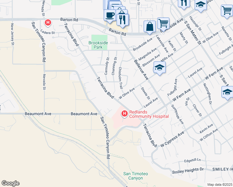 map of restaurants, bars, coffee shops, grocery stores, and more near 177 Channing Street in Redlands