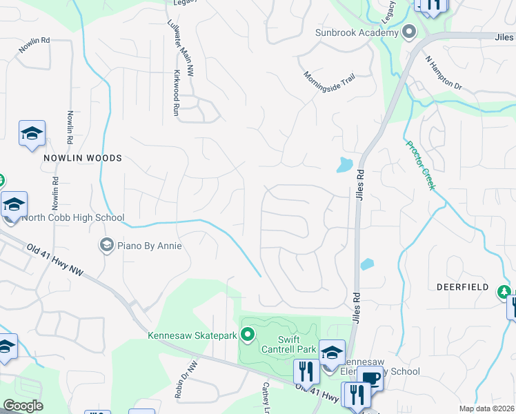 map of restaurants, bars, coffee shops, grocery stores, and more near 3378 English Oaks Drive Northwest in Kennesaw