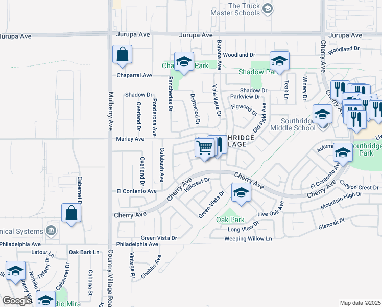 map of restaurants, bars, coffee shops, grocery stores, and more near 11757 Oakwood Drive in Fontana