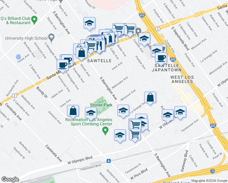 map of restaurants, bars, coffee shops, grocery stores, and more near 1810 South Barrington Avenue in Los Angeles
