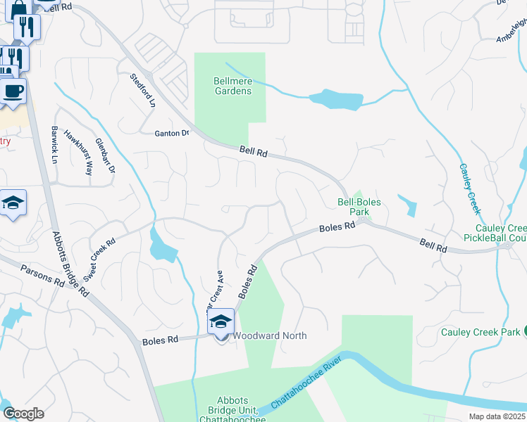 map of restaurants, bars, coffee shops, grocery stores, and more near 10635 Sugar Crest Avenue in Duluth