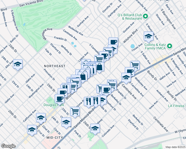map of restaurants, bars, coffee shops, grocery stores, and more near 3017 Wilshire Boulevard in Santa Monica