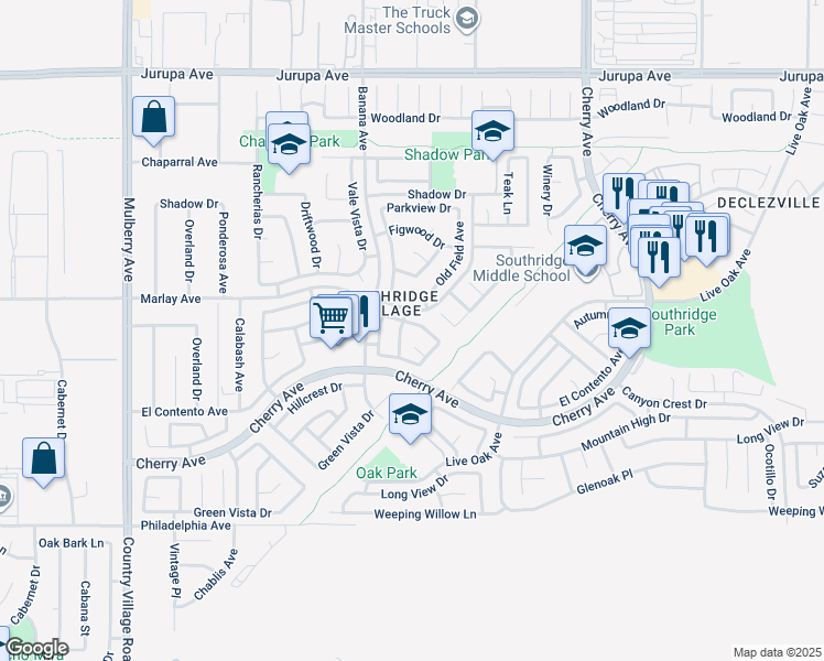 map of restaurants, bars, coffee shops, grocery stores, and more near 14213 Ranchero Drive in Fontana