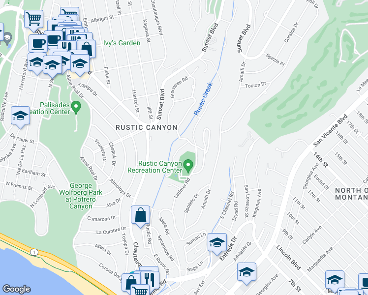 map of restaurants, bars, coffee shops, grocery stores, and more near 650 Hightree Road in Santa Monica