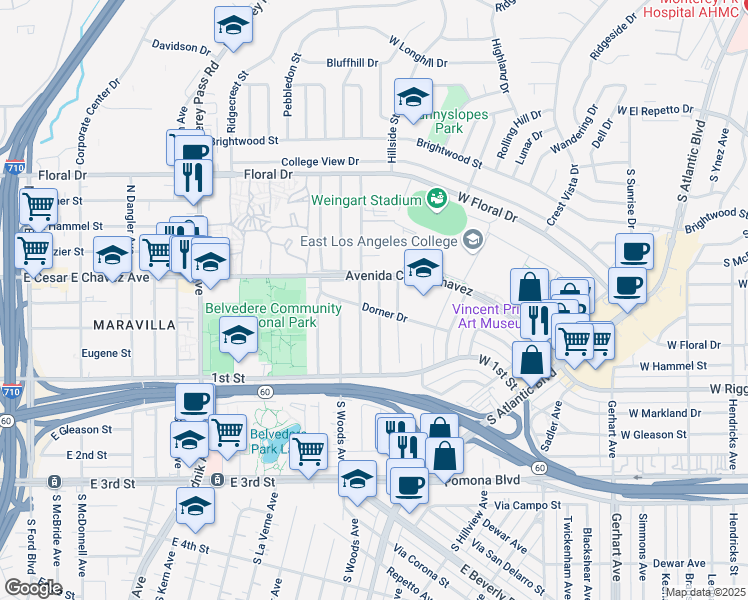 map of restaurants, bars, coffee shops, grocery stores, and more near 2327 Roscommon Avenue in Monterey Park