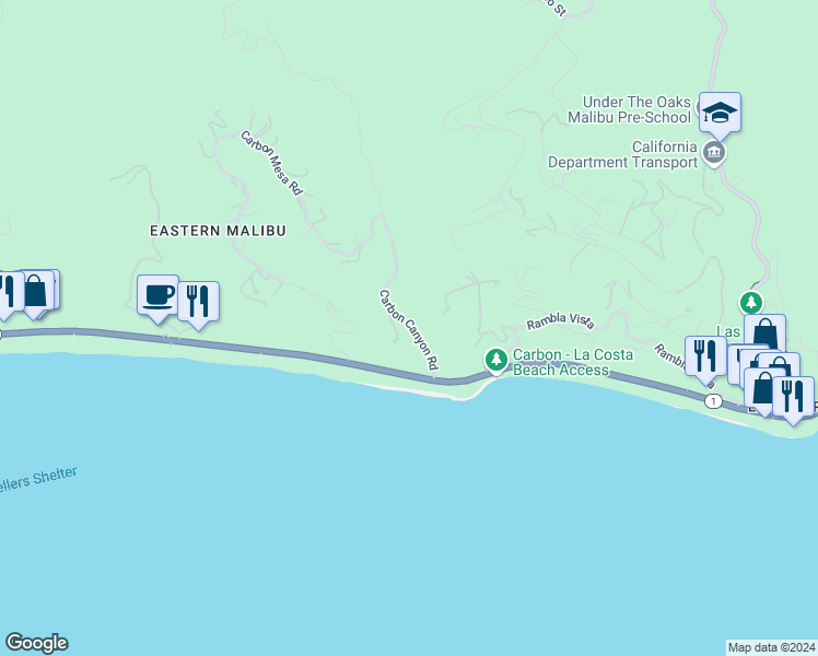 map of restaurants, bars, coffee shops, grocery stores, and more near 3903 Carbon Canyon Road in Malibu