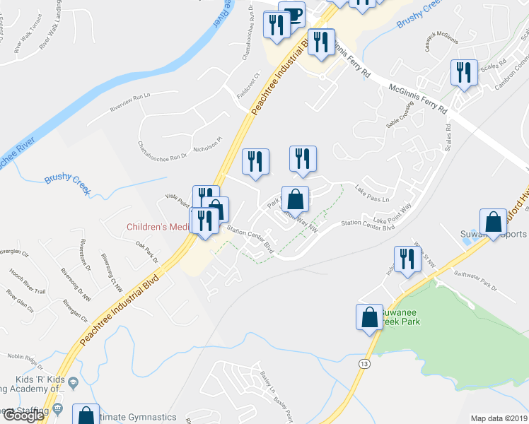 map of restaurants, bars, coffee shops, grocery stores, and more near 1222 Park Pass Way in Suwanee