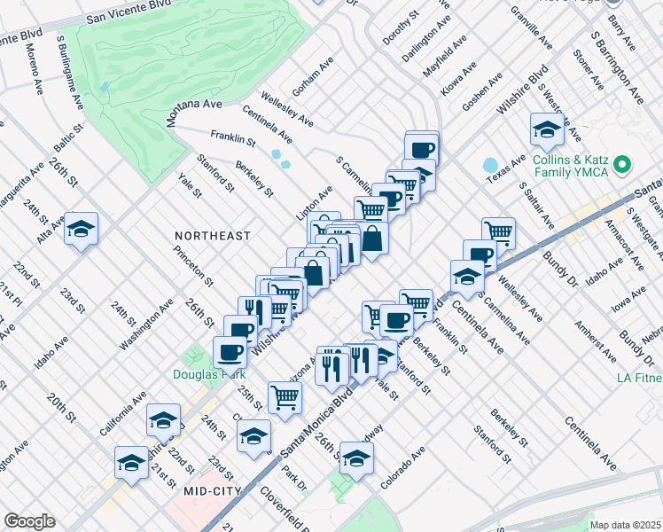 map of restaurants, bars, coffee shops, grocery stores, and more near 3017 Wilshire Boulevard in Santa Monica