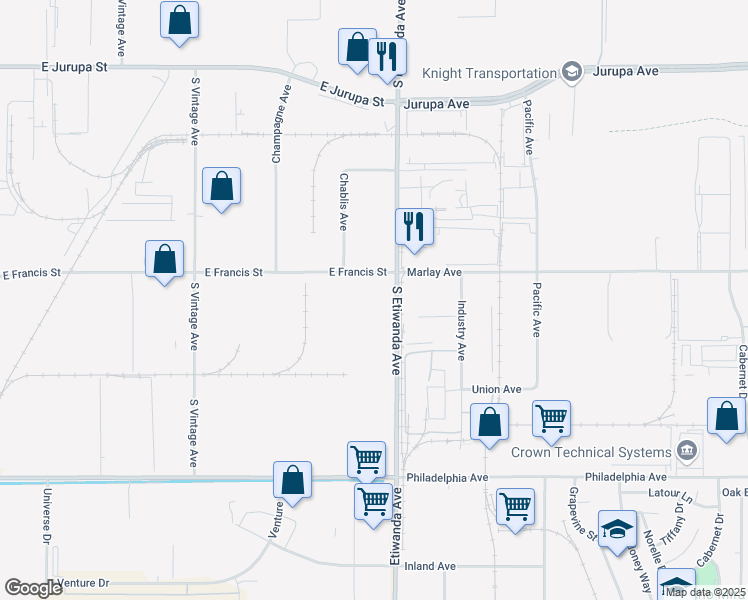 map of restaurants, bars, coffee shops, grocery stores, and more near 2000-2090 South Etiwanda Avenue in Fontana