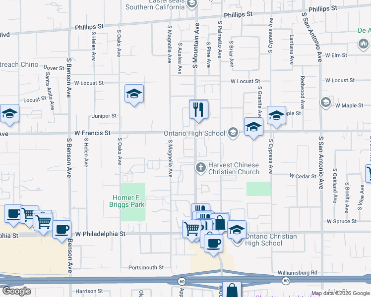 map of restaurants, bars, coffee shops, grocery stores, and more near 1109 West Francis Street in Ontario