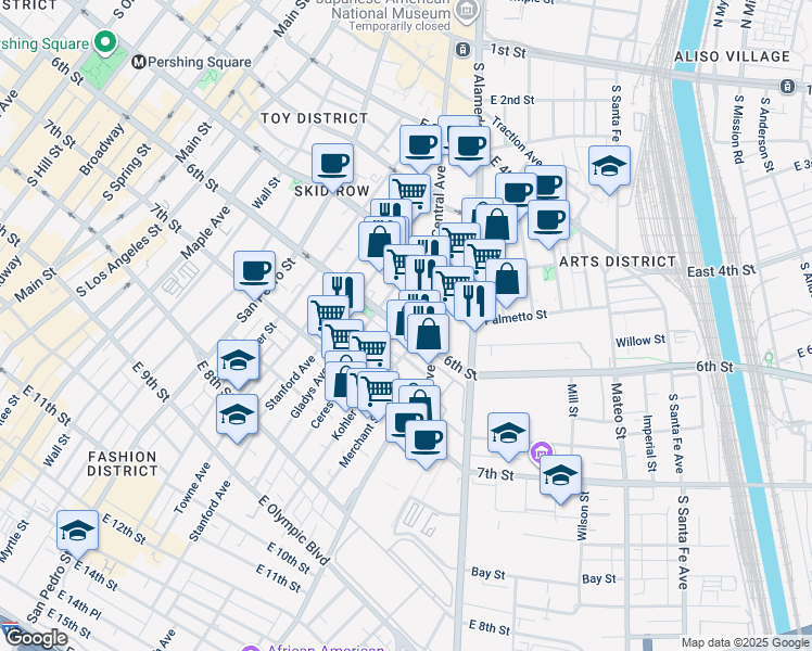 map of restaurants, bars, coffee shops, grocery stores, and more near 921 East 6th Street in Los Angeles