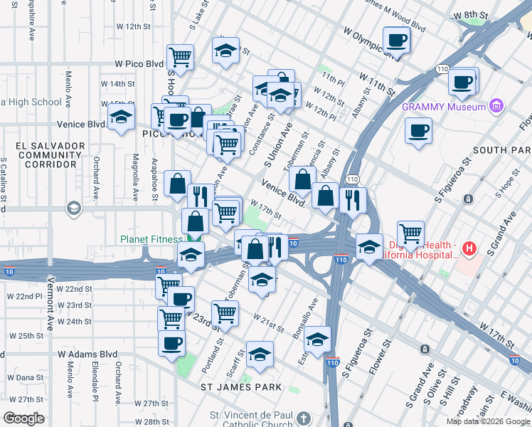 map of restaurants, bars, coffee shops, grocery stores, and more near 1712 Toberman Street in Los Angeles