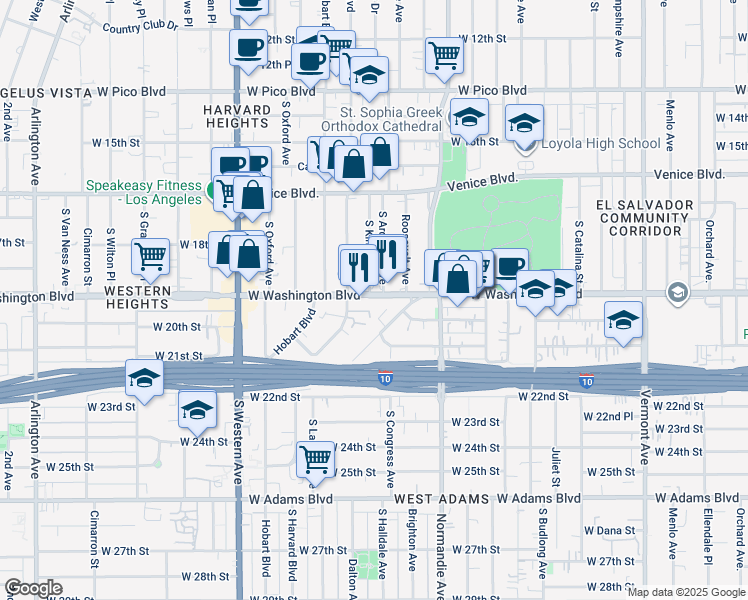 map of restaurants, bars, coffee shops, grocery stores, and more near 2012 West Washington Boulevard in Los Angeles