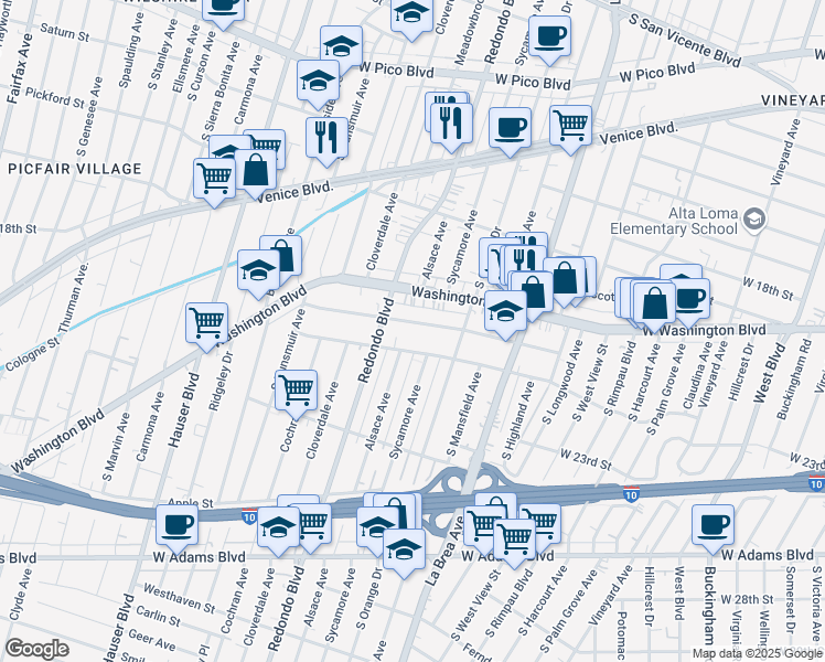 map of restaurants, bars, coffee shops, grocery stores, and more near 5107 West 21st Street in Los Angeles