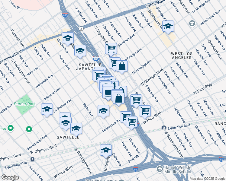 map of restaurants, bars, coffee shops, grocery stores, and more near 2121 Beloit Avenue in Los Angeles