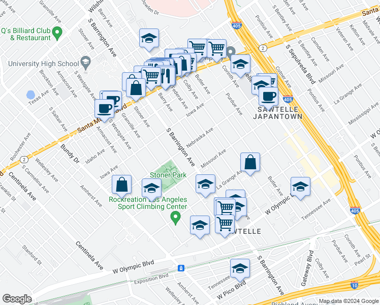 map of restaurants, bars, coffee shops, grocery stores, and more near 1824 South Barrington Avenue in Los Angeles