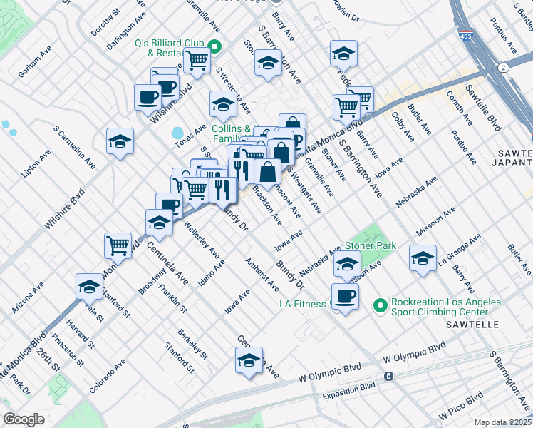 map of restaurants, bars, coffee shops, grocery stores, and more near 1558 South Bundy Drive in Los Angeles