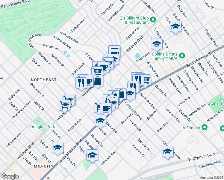 map of restaurants, bars, coffee shops, grocery stores, and more near 1257 Franklin Street in Santa Monica