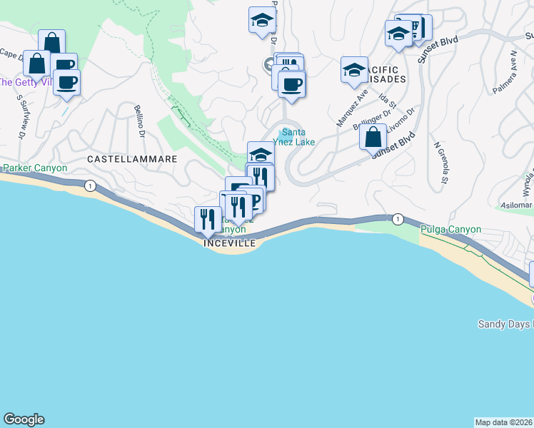 map of restaurants, bars, coffee shops, grocery stores, and more near 17350 Sunset Boulevard in Los Angeles