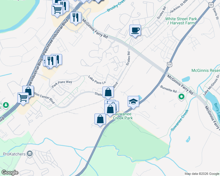 map of restaurants, bars, coffee shops, grocery stores, and more near 1187 Station Center Boulevard in Suwanee