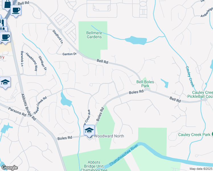 map of restaurants, bars, coffee shops, grocery stores, and more near 10635 Sugar Crest Avenue in Duluth