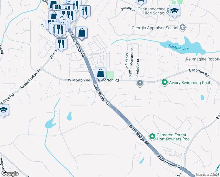 map of restaurants, bars, coffee shops, grocery stores, and more near 10603 Naramore Lane in Alpharetta