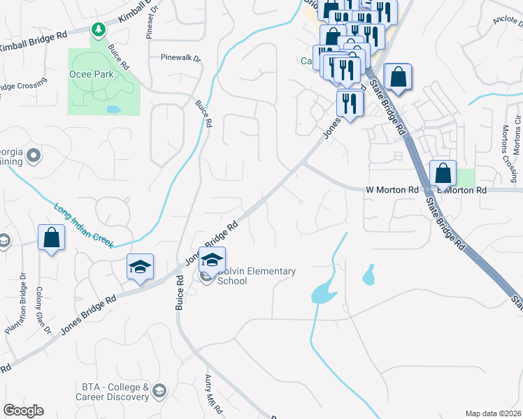 map of restaurants, bars, coffee shops, grocery stores, and more near 10590 Wynbridge Drive in Alpharetta
