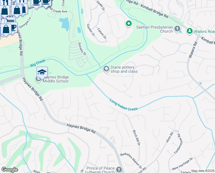 map of restaurants, bars, coffee shops, grocery stores, and more near 8520 High Hampton Chase in Alpharetta
